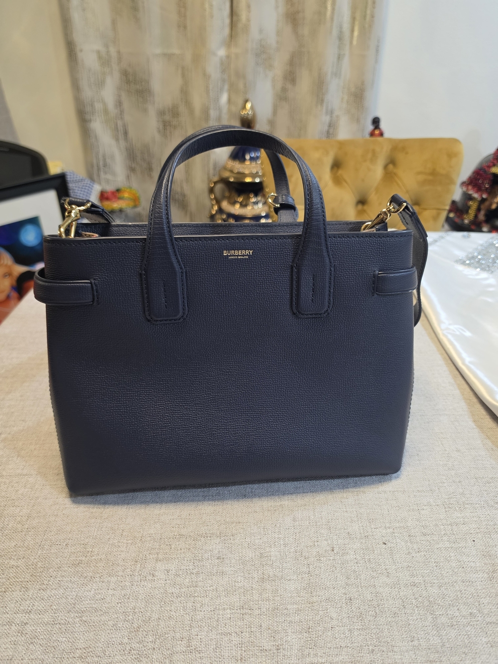 Burberry Navy Textured Leather Satchel with Gold Hardware